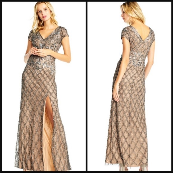 Adrianna PapellShort Sleeve Beaded Floral Gown